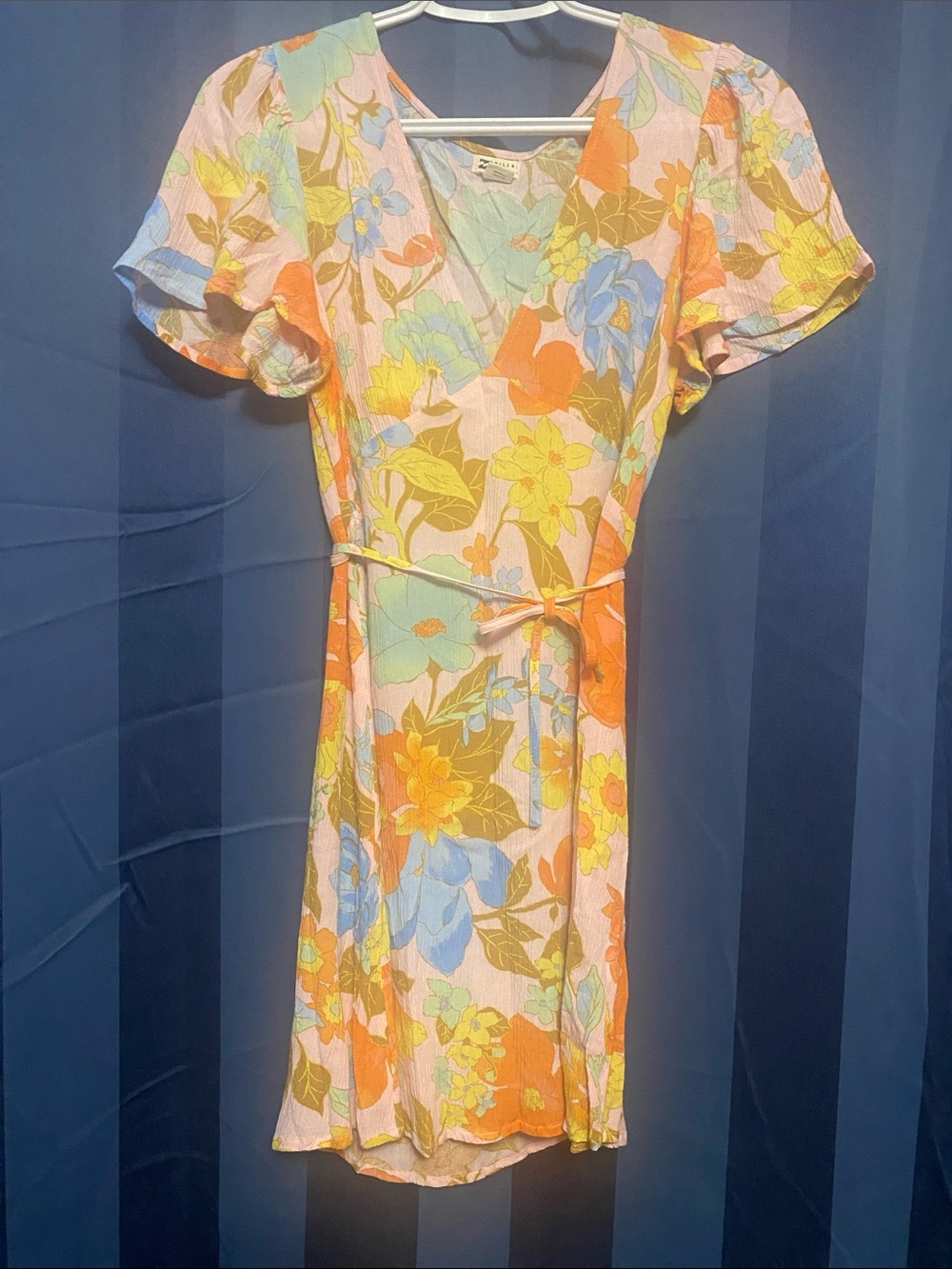 Billabong Pastel Floral Mini Dress in Orange, Blue & Yellow
